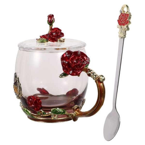 

1 set enamel flower glass cup coffee mugs red rose water mug with lid spoon