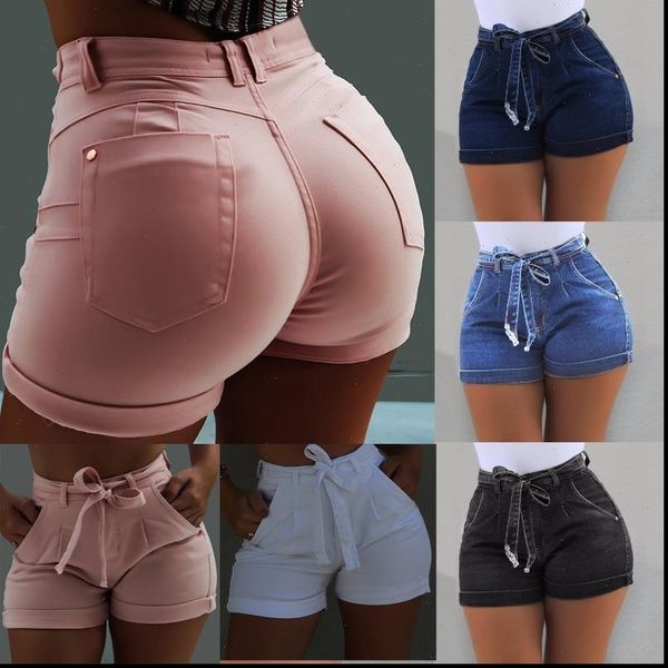 

feminino pockets skinny women belted high waist washed jeans shorts female pockets wash denim high waist shorts ladies, White;black