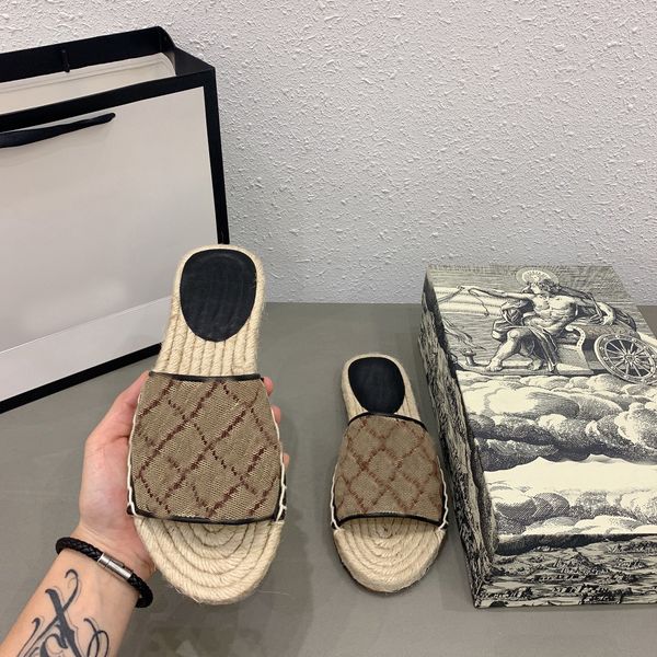 

2021 women leather espadrille sandal slide designer sandal real leather cord platform double hardware outdoor beach slides with box, Black