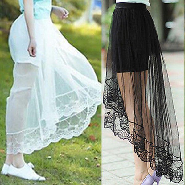 

casual dresses fashion skirt womens high waist elastic solid color mesh double layer long maxi beach, Black;gray