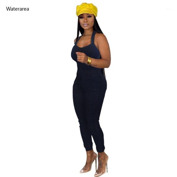 

women's jumpsuits & rompers 2021 summer fashion women vintage solid color spaghetti strap denim jumpsuit night club party sleeveless pl, Black;white