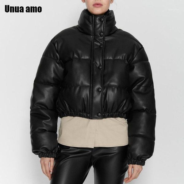 Damen-Daunenparkas Unua Amo Übergroße Jacke Winter-Parka aus Kunstleder 2021 Stilvoller schwarzer PU-Kurz-Warm-Puffer-Blasenmantel