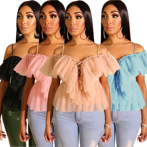 

summer sheer mesh strap blouse women off shoulder lace up bandage hollow out blouse shirts lace ruffle sleeve blouse top, White