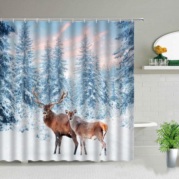 

shower curtains winter landscape woods deer elk animal print bathroom decor bathtub partition bath curtain waterproof fabric