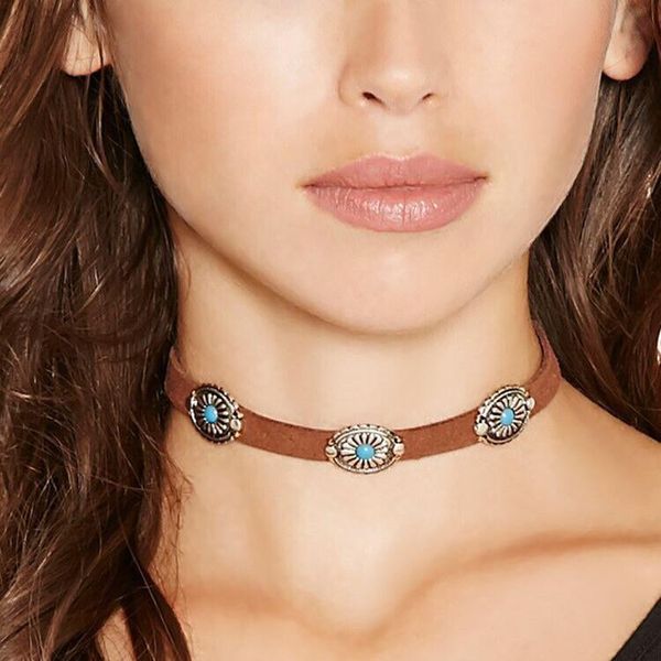 

chokers fashionable bohemian retro famous ethnic style pu leather women's pattern necklace collar jewelry for woman, Golden;silver