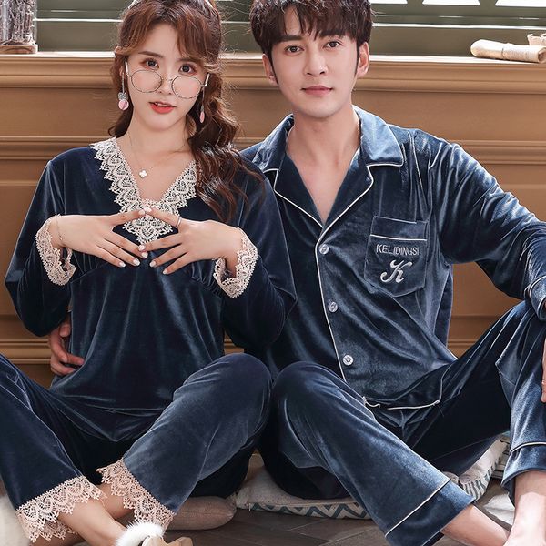 

autumn couple soft sleepwear pajamas women men velvet nightwear home suit lingerie set long sleeve pijama mujer, Black;red