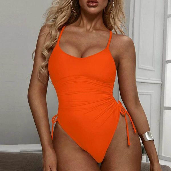 

two-piece suits women's 2021 summer drawstring swimsuit ladies u-neck sleeveless pleated army green/orange/khaki/black bikini