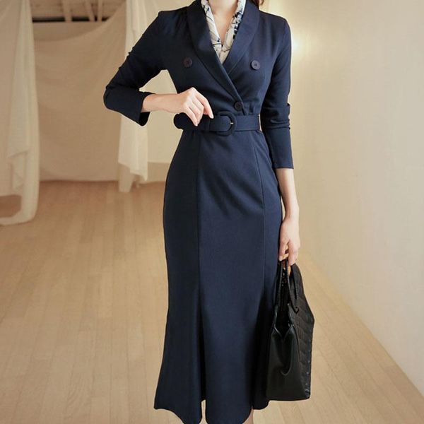 

casual dresses office ladies v-neck double breasted blazer trumpet dress belted women business slim mermaid, Black;gray
