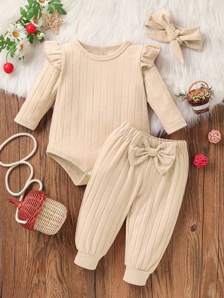 

baby ruffle trim bodysuit & bow front sweatpants & headband she01, White