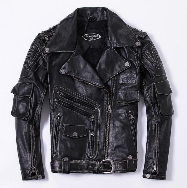 

men's leather & faux 2021 brand motorcycle with belt slim fit professional moto biker jacket stylish genuine coat male, Black