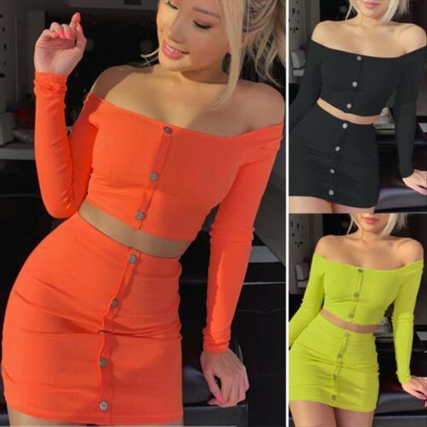 

women two piece set slash neck long sleeve crop skirts high waist bodycon mini skirt, Gray