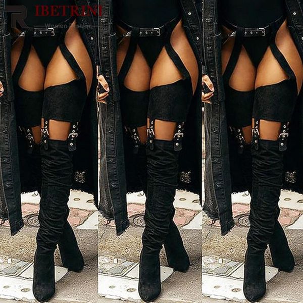

boots 2021 fashion over the knee high pointed toe heel shoes woman winter quality, Black