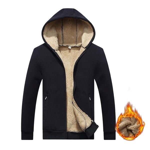 

new arrival winter thickening hoodies men casual jacket fur lining solid warm cloth zipper coats sweatshirts cashmere parkas 624 201113, Black