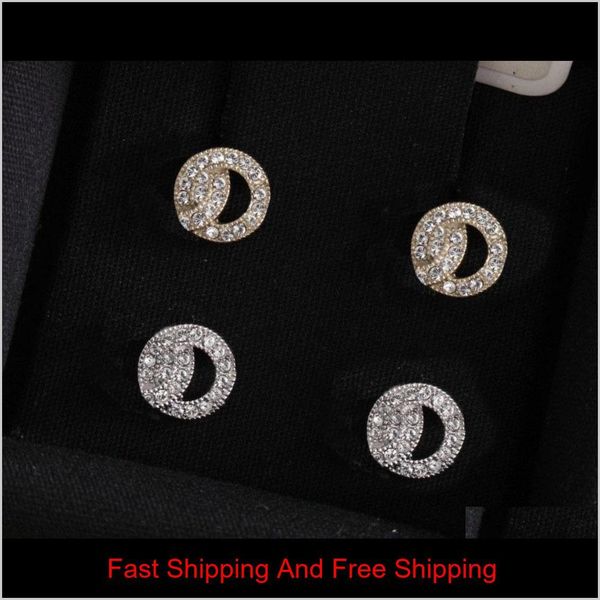 

fashion gold diamond stud earrings aretes for lady women party wedding lovers gift engagement jewelry for bride with box have stamps 7 5f2nf, Golden;silver