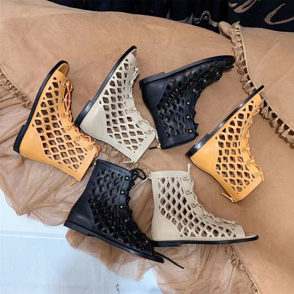 

women design hollow genuine leather sandals handsome long tube show thin cool boots short dual-purpose slippers lace retro trend lady shoes, Black