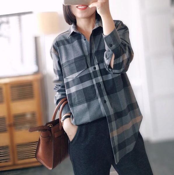 

women's blouses & shirts women shirt early spring 2021 flannel plaid long, White