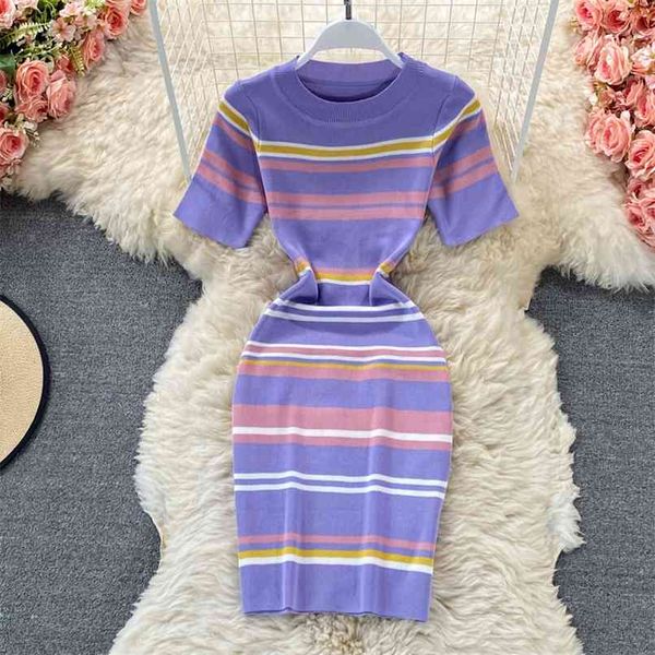 

rainbow stripes color contrast knitted dress women summer o-neck short sleeve thin sweater one step sheath 210602, White