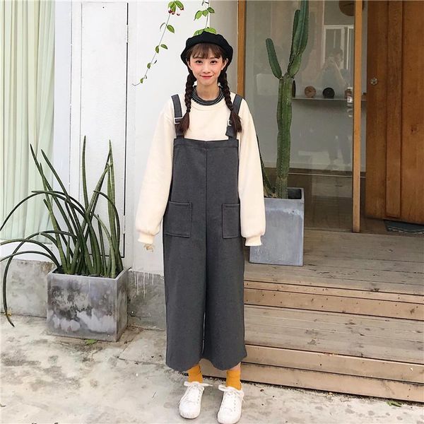

women's jumpsuits & rompers korean winter lovely girl's jumpsuit woolenloose wide leg pants student leisure all-match womens, Black;white