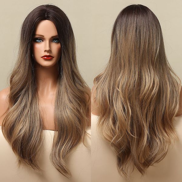 

ombre dark brown blonde wigs natural middle part long wave synthetic wigs for black women heat resistant cosplay party daily usefactory dire