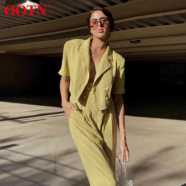 

women's two piece pants ootn office lady notched short sleeve double breasted solid suits with pant high waist cotton set women summer, White