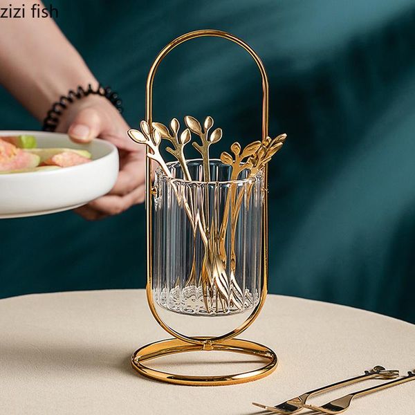 

dinnerware sets european stainless steel gold spoon and fork set fruit metal glass storage bottle household tableware kitchen utensils