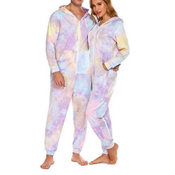

2021 tie dye pajama set for women men couple autumn winter hooded pajamas sleepwear suit casual zipper pijamas homewear, Gray