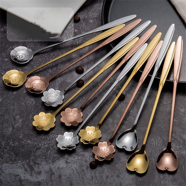 

coffee mixing spoon gold spoon long handle dessert stainless steel vintage teaspoons drink tableware flowers design
