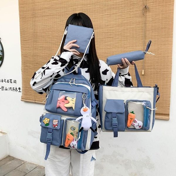 

school bags 4-piece set women's backpack large capacity teenager girls travel rucksack crossbody bag coin purse pencil case