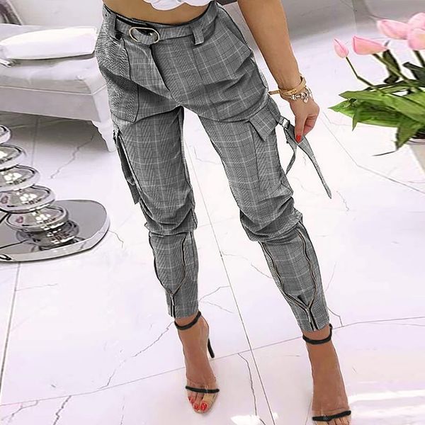 

women high waist cargo zipper design ny trouser 2021 new fashion elegant plaid print long pants female casual pant vmkr, Black;white