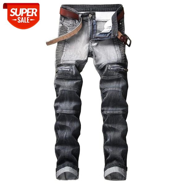 

denim designer moto bike jeans for men size 28-38 40 42 2021 autumn spring hip hop punk streetwear #s028, Black