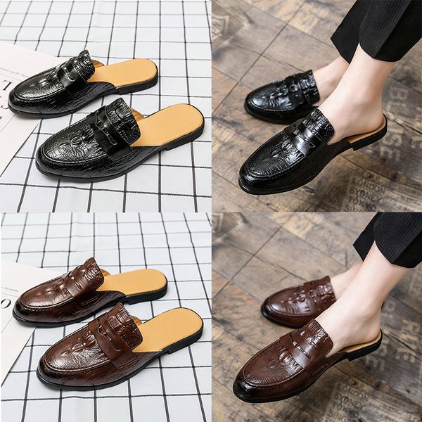 

good qulaity luxury brand mens designer crocodile pattern slippers genuine leather mules room outdoor slides sandals classic black brown lar