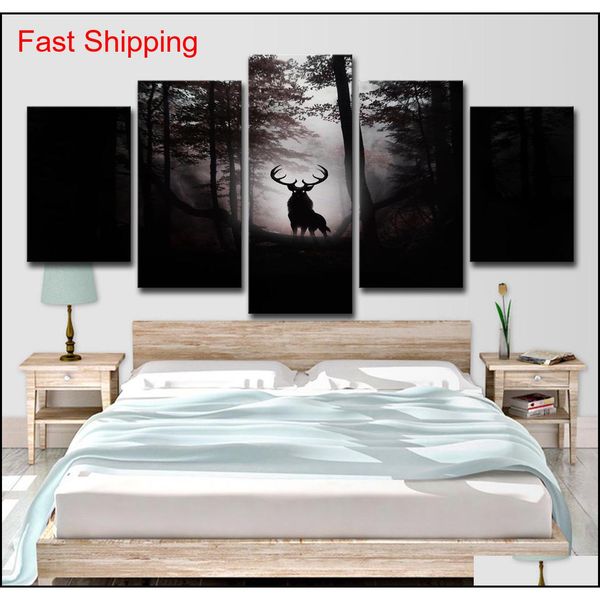 

modern canvas prints pictures home decor living room 5 pieces deer dark forest night paintings wal qylwjv new_dhbest