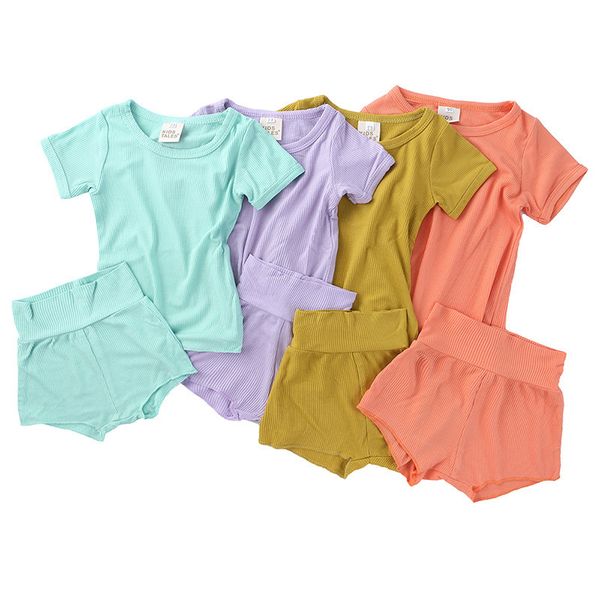 

soft cotton belly-protecting shorts pajamas kids girls baby clothing suit newborn summer 2-piece clothes t-shirt + shorts pants set cz0222c, White