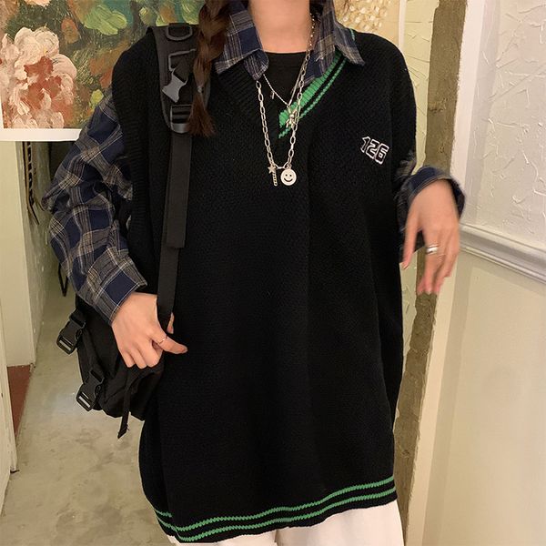 

2021 new loose chic embroidery contrast color v-neck knitted sweater vest college style 8vhq, White;black