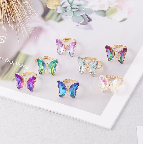 

2021 women's glass crystal butterfly golden cocktail ring opening adjustable size gift jewelry, Slivery;golden