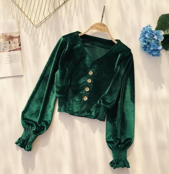

women's blouses & shirts 2021 spring and autumn retro pure color velvet all-match single buckle bubble sleeve short blouse, White