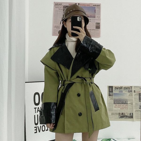 

turn-down collar patchwork plus size outerwear modern lady safari style double breasted ladies coat 2021 spring autumn new, Black;brown
