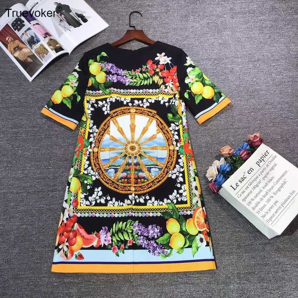 

truevoker women's summer high street hawaii vocation fashion short sleeve luxury baroque print diamond mujer resort vestido 210602, Black;gray