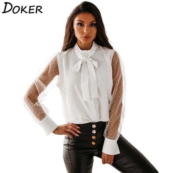 

autumn blouse womens clothes casual fashion bow collar mesh long sleeve elegant office ladies shirts plus size and blouses 210603, White