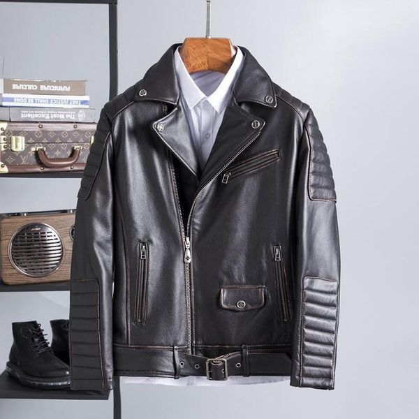 

men's leather & faux 2021 vintage brown american motorcycle style genuine jacket men plus size 5xl real natural cowhide autumn biker&#0, Black