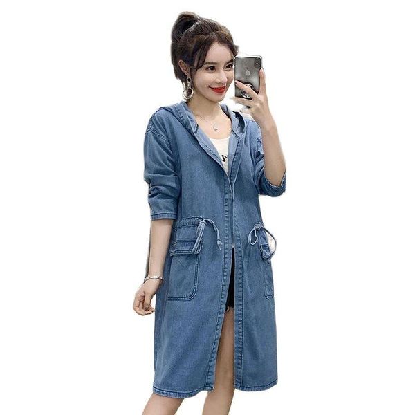 

women's trench coats oversize casual cowboy coat for women loose outwear hooded long denim windbreaker with drawstring female, Tan;black