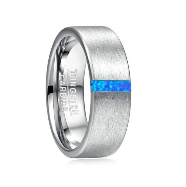 

wedding rings 8mm width men's ring band engagement inlaid blue opal surface brushed tungsten carbide, Slivery;golden