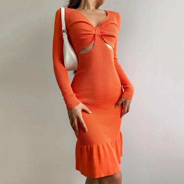 

casual dresses 2021 women autumn winter knitted bottoming dress v neck long sleeve stretch female high waist slim fishtail, Black;gray