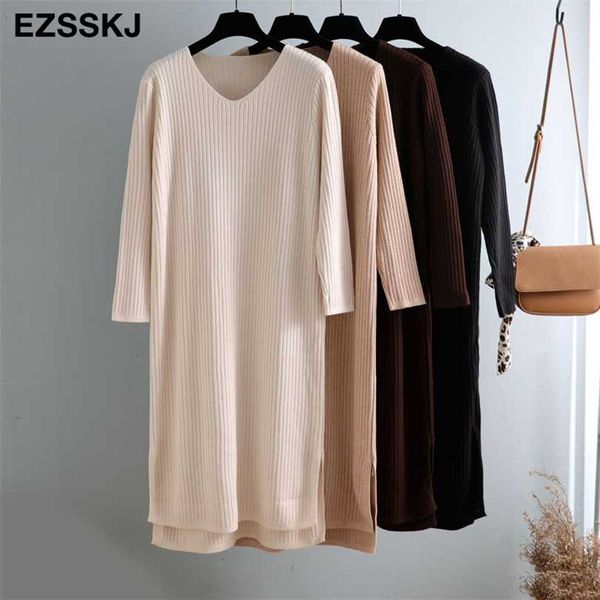 

v-neck autumn winter sweater long dress elegant knit thick straight women loose split side casual chic 211110, Black;gray