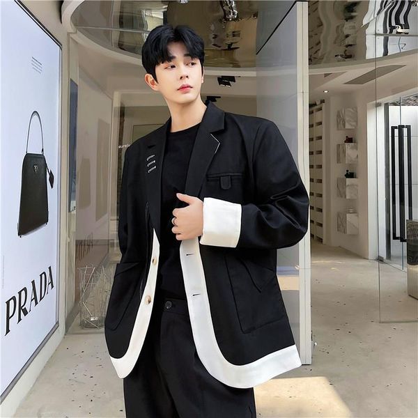 

men's suits & blazers fashion show japan korea streetwear hip hop loose male vintage suit coat men black white splice casual jacket, White;black