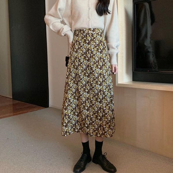 

skirts autumn print casual fashion for women 2021 spring summer elegant female vintage a-line skirt ankle-length, Black