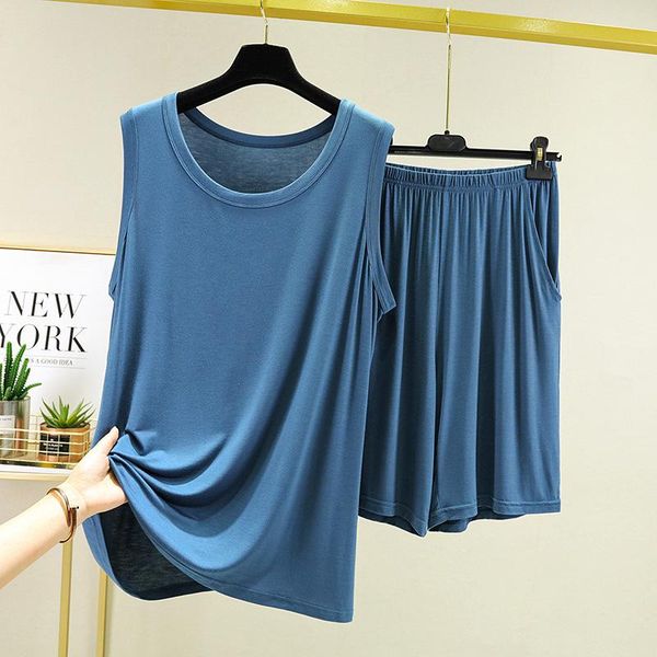 

men's sleepwear summer modal blue 2pcs pajamas suit plus size 4xl-6xl home wear vest shorts loose casual o-neck nightwear, Black;brown