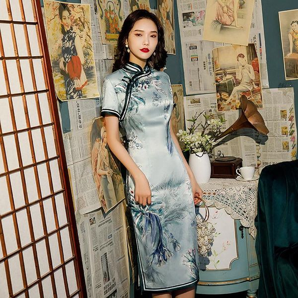 

ethnic clothing elegant evening party dress traditional mandarin collar chinese style qipao women classic floral print cheongsam, Red