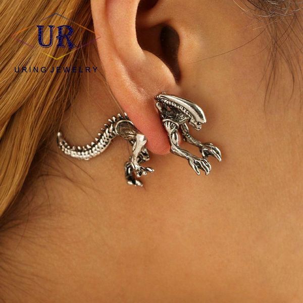 

new 4-color metal three-dimensional dinosaur piercing earrings for women men punk style fashion jewelry kb485, Silver