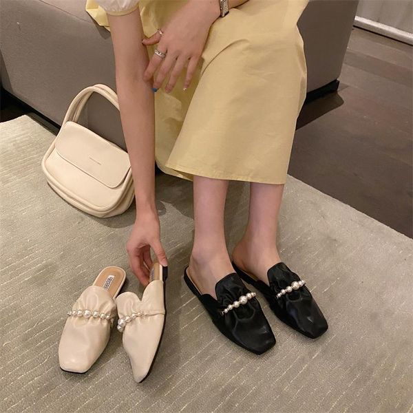 

slippers 2021 little fairy gentle style french baotou pearl folded square toe flat-bottom women's sandals and, Black
